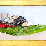 Mosaïque Linéaire vert anis - minéraux, pate de verre, smalts, aluminium rouge 32x7cm